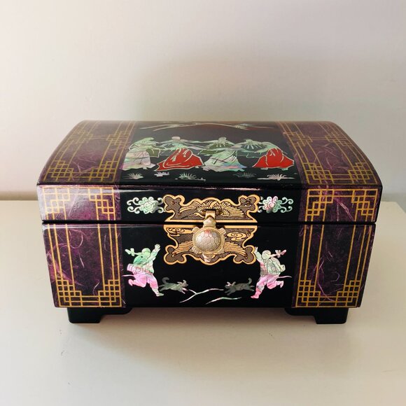 Vintage Black Lacquer Korean Jewelry/Music Box - Mother of Pearl Inlay, Brass - Picture 2 of 13